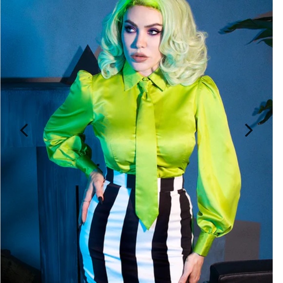 LFEN Bowie Blouse Beetlejuice with tie in Lime Charmeuse - Picture 2 of 2